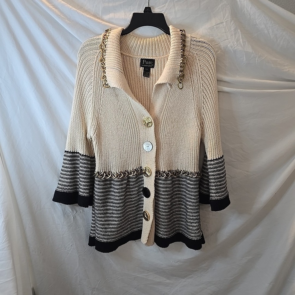 Pure Handknit Chunky-knit Cardigan Sweater W/buttons & Chainlink Detail Boho M/L